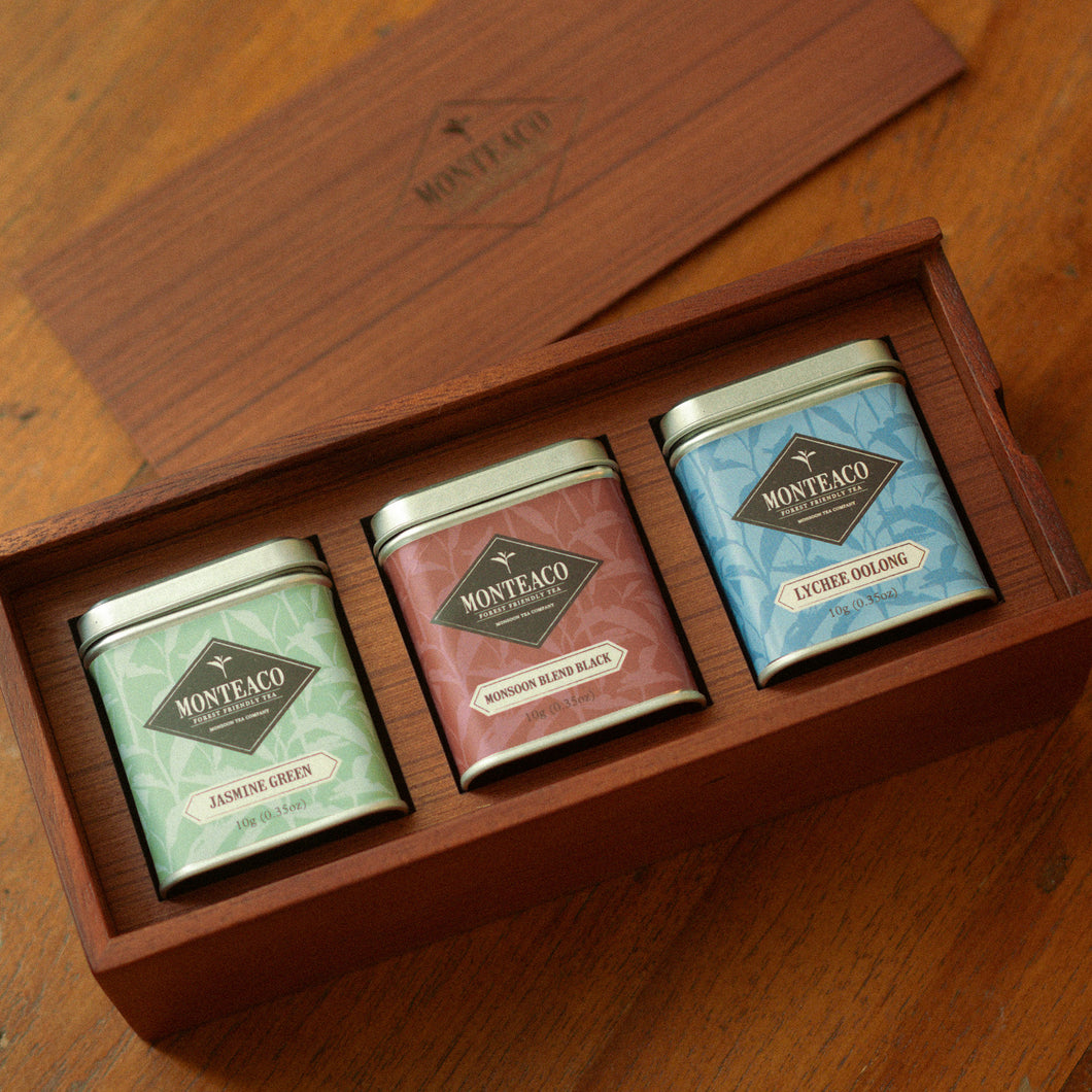 Premium Wood Box Gift Set - 3 Small Tin Cans