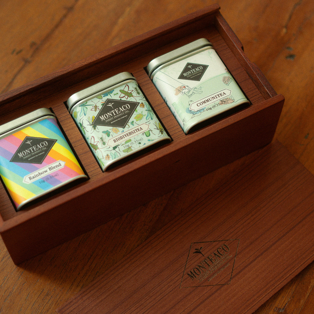 Premium Wood Box Gift Set - 3 Small Tin Cans