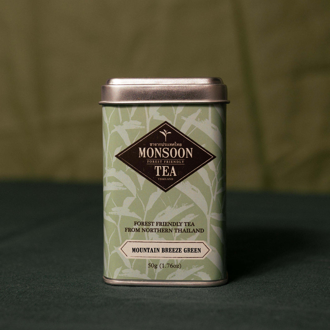 Mountain Breeze Green from Monsoon Tea Company. Forest Friendly tea handpicked and produced in the mountains of Northern Thailand. Sustainable and delicious forest-grown tea.
