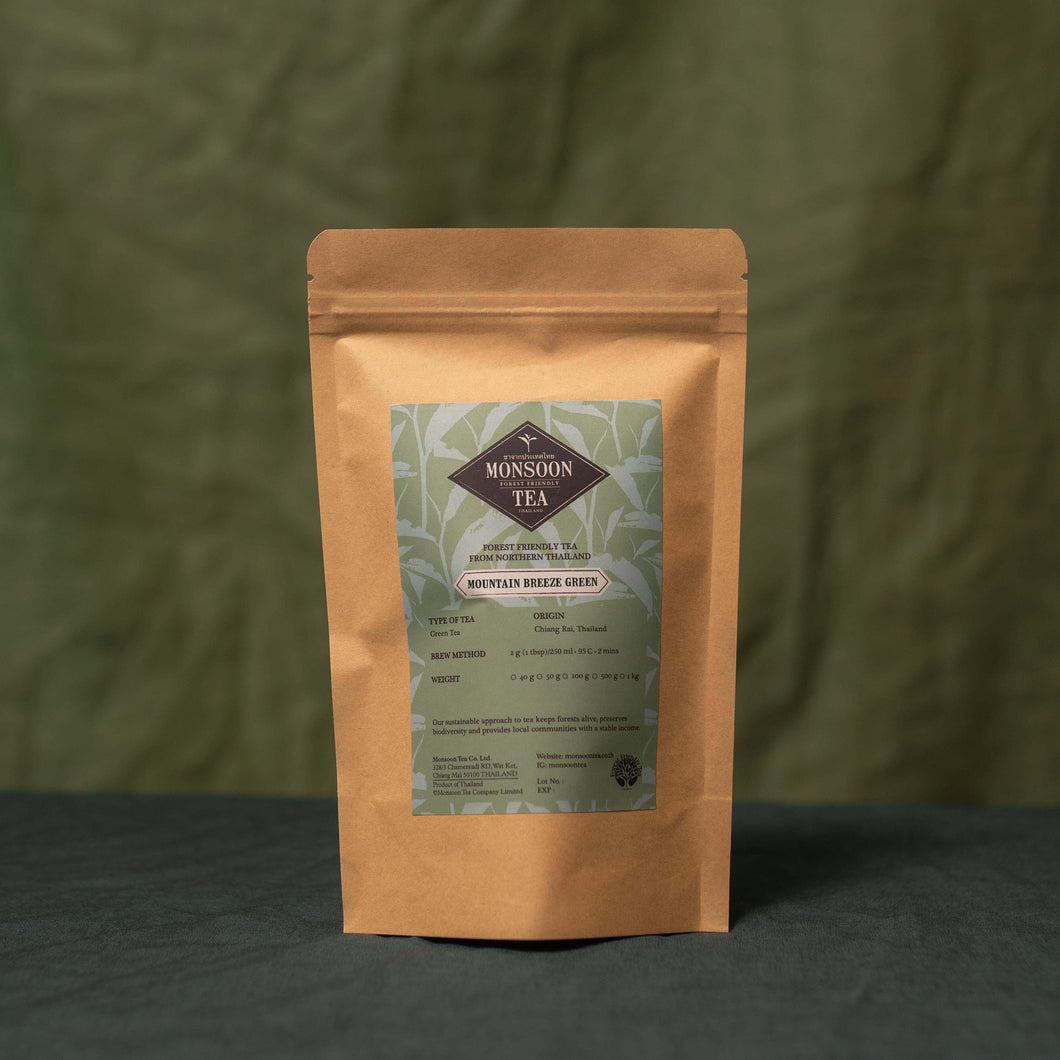 Mountain Breeze Green from Monsoon Tea Company. Forest Friendly tea handpicked and produced in the mountains of Northern Thailand. Sustainable and delicious forest-grown tea.